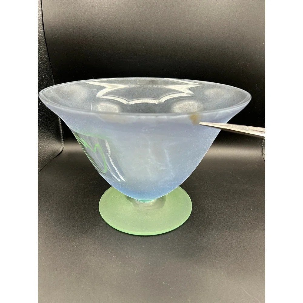 Block Mouth Blown Crystal Art Glass Footed Bowl Frosted Blue Body Green Base
